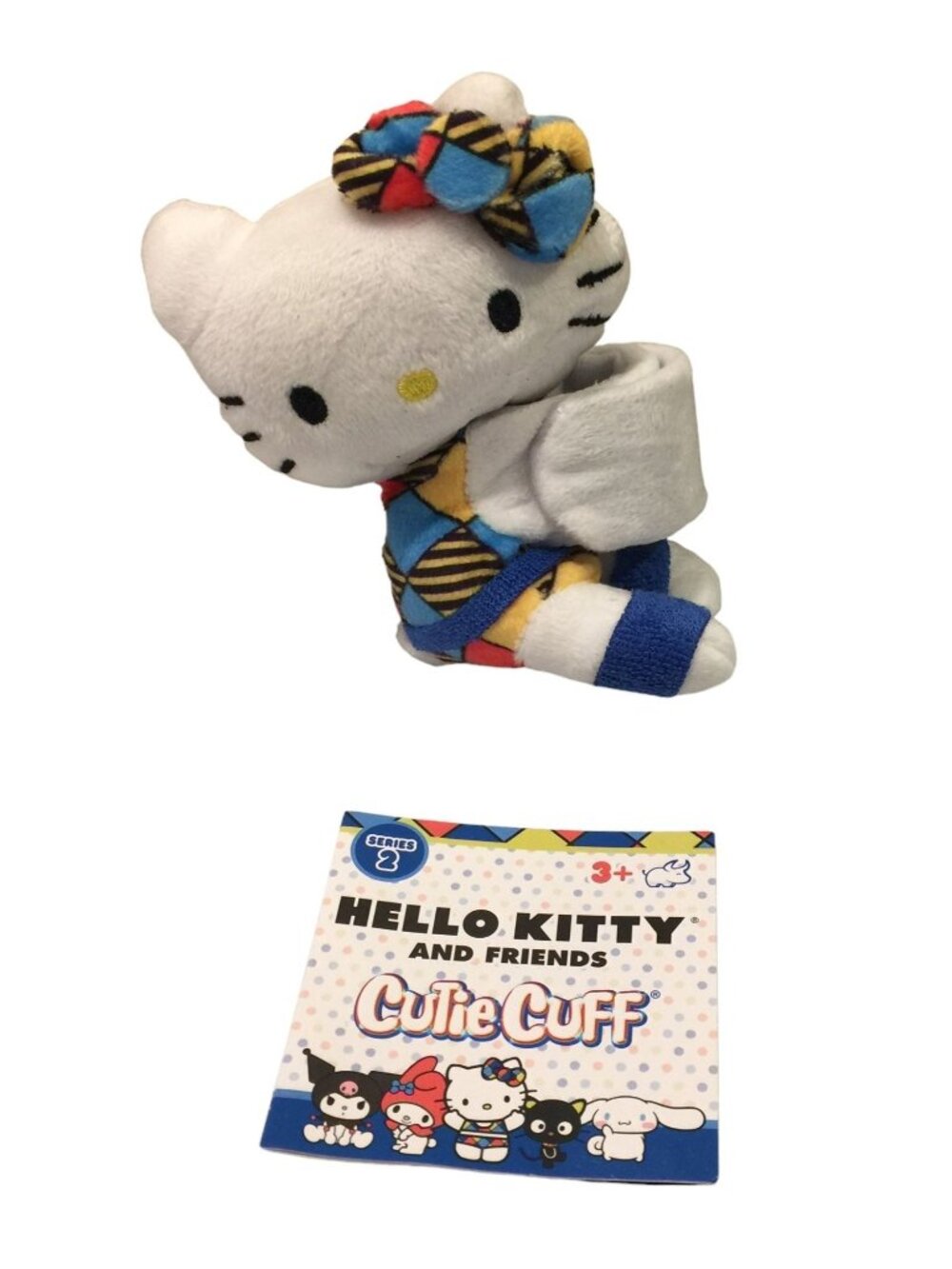 HELLO KITTY and Friends Cutie Cuff Series 2 Plush Hello Kitty in Patchwork Outfi
